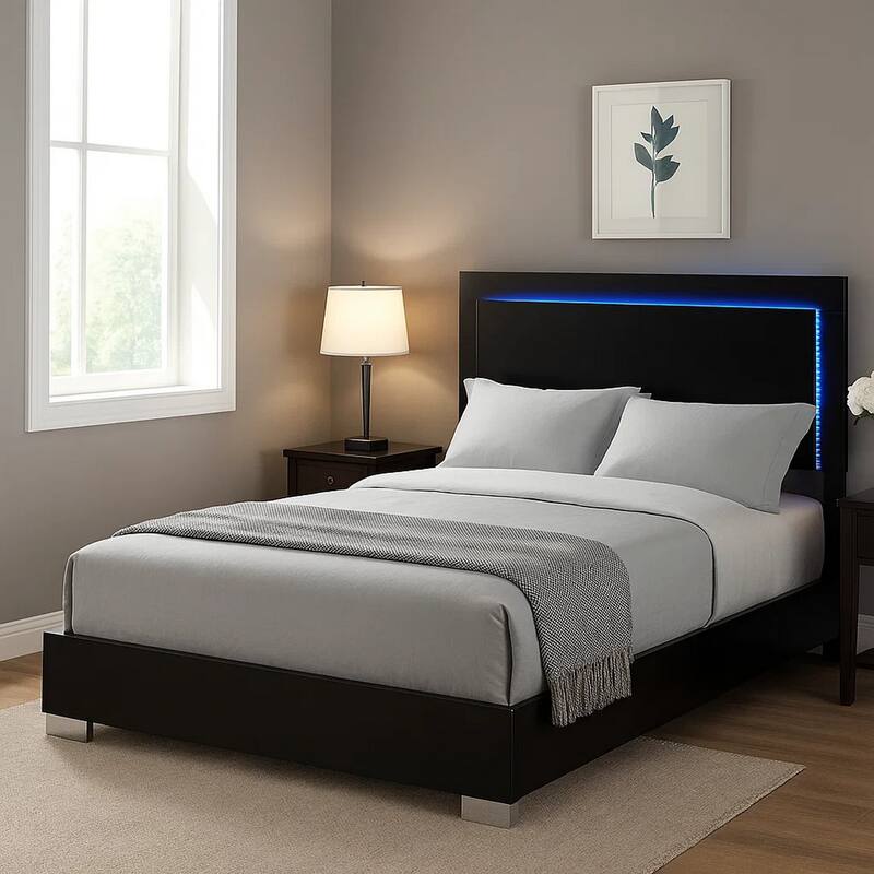 Suni Queen Size Bed w LED Headboard, Piano Black Wood Frame