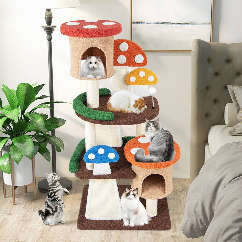 Gymax Wooden Cat Tree w/ Sisal Scratch Board & Post Padded Perch
