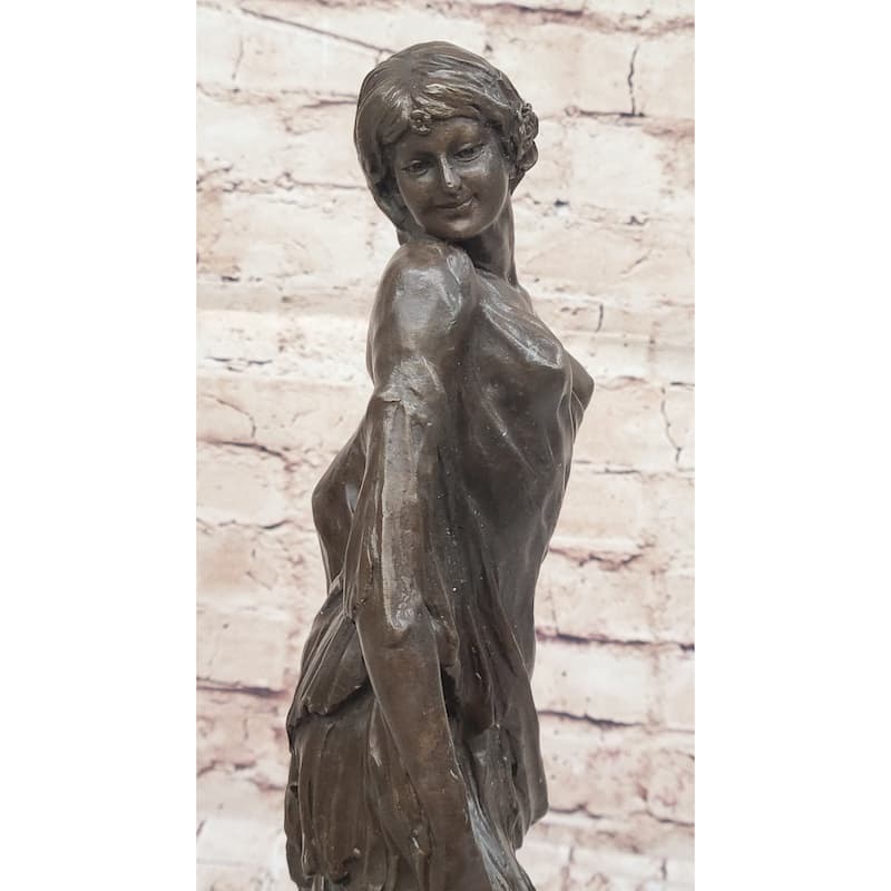Smiling Coy Classical Female Figure Bronze Statue Sculpture On Marble Base By Aldo Vitaleh