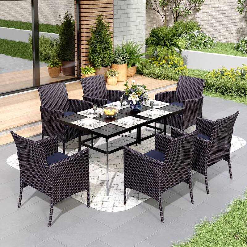 7 Pieces Outdoor Patio Dining Set, 6 PE Rattan Chairs with Cushions and 1 Rectangle Metal Table - Brown
