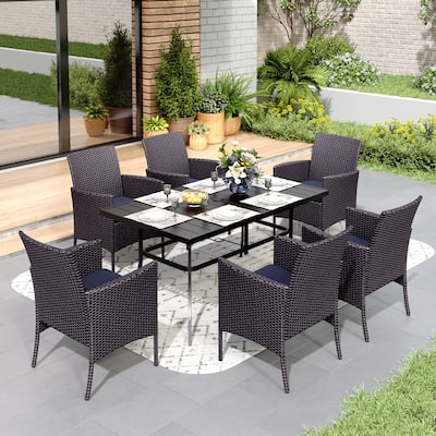 7 Pieces Outdoor Patio Dining Set, 6 PE Rattan Chairs with Cushions and 1 Rectangle Metal Table