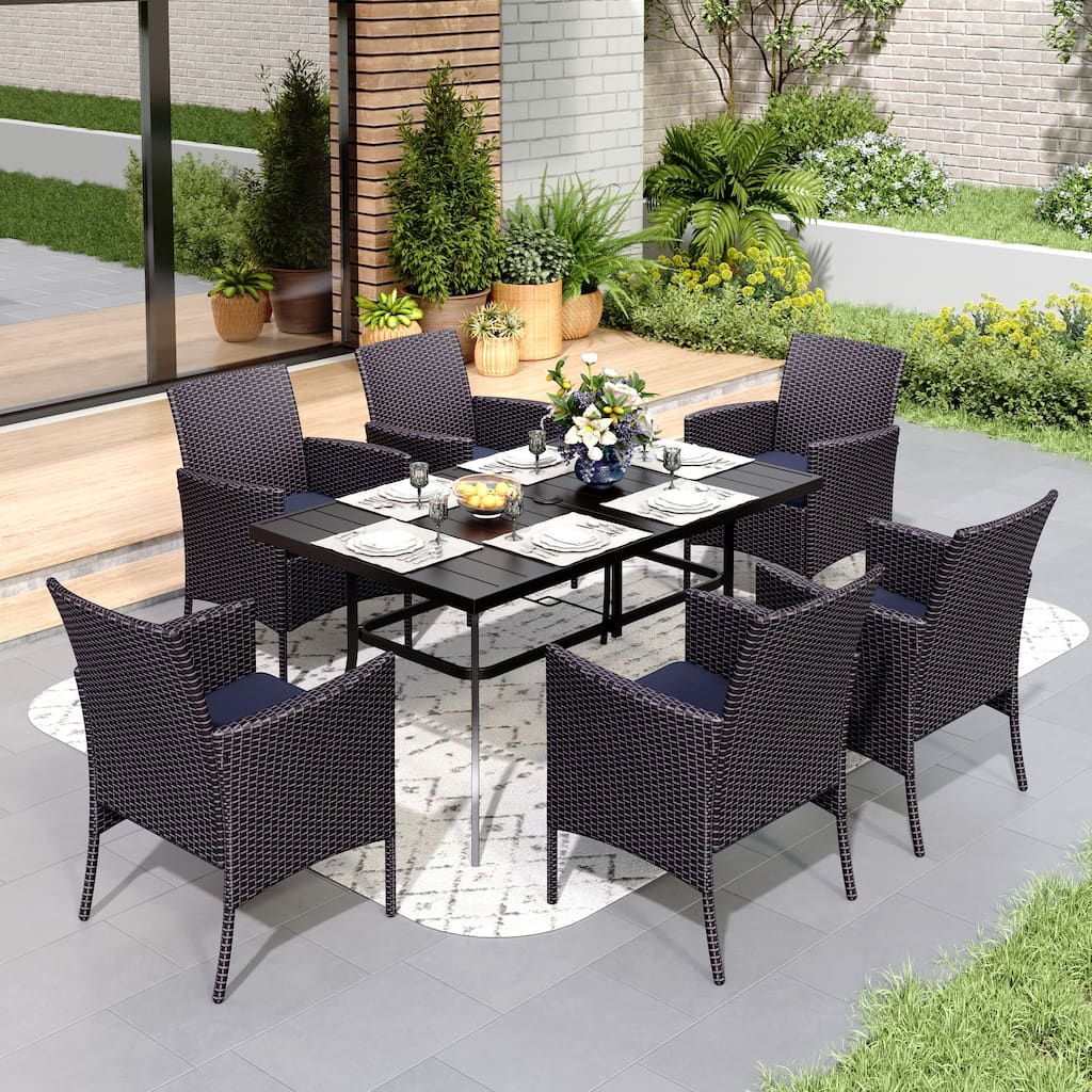 7 Pieces Outdoor Patio Dining Set, 6 PE Rattan Chairs with Cushions and 1 Rectangle Metal Table