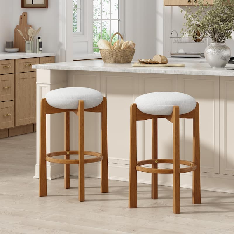 Christopher Knight Home - Tara Rubberwood Upholstered Barstools in Walnut and Ivory Fabric - Set of 2 - Ivory+Walnut_Set of 2