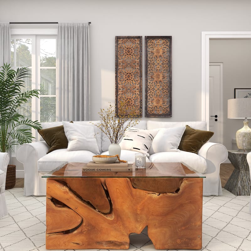 Wood Floral Handmade Intricately Carved Home Wall Decor - Set of 2 Brown - Roche River Decor