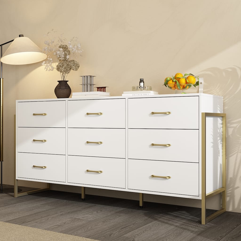 61.4” White 9-Drawer Dresser with Gold Metal Frame, Modern Storage Cabinet for Bedroom, Living Room or Entryway