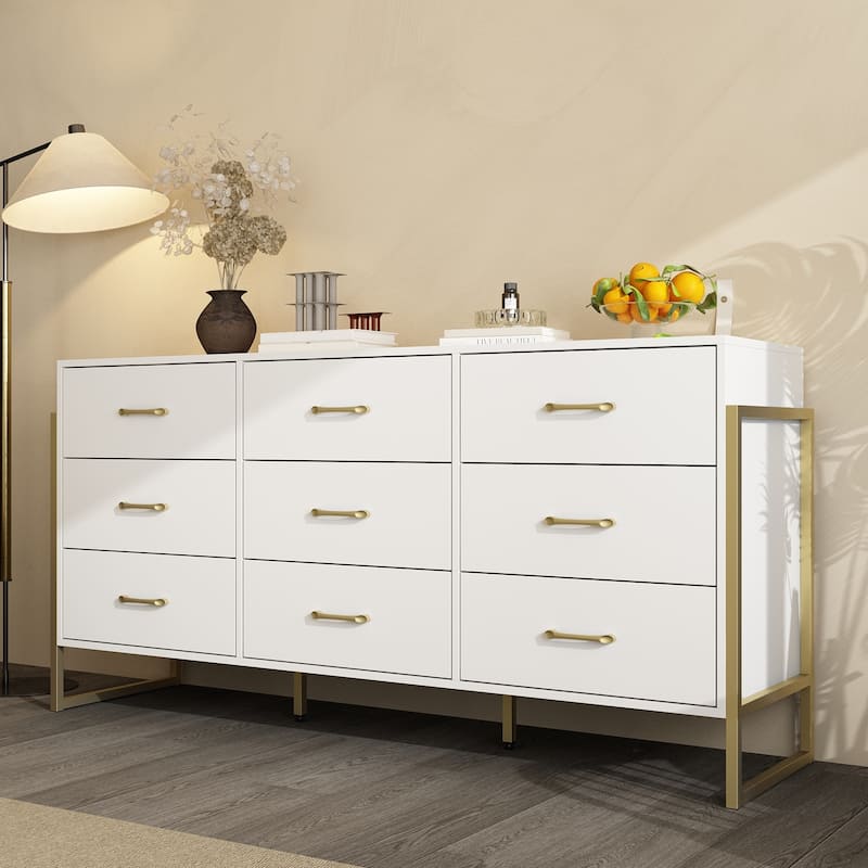 61.4” White 9-Drawer Dresser with Gold Metal Frame, Modern Storage Cabinet for Bedroom, Living Room or Entryway - White