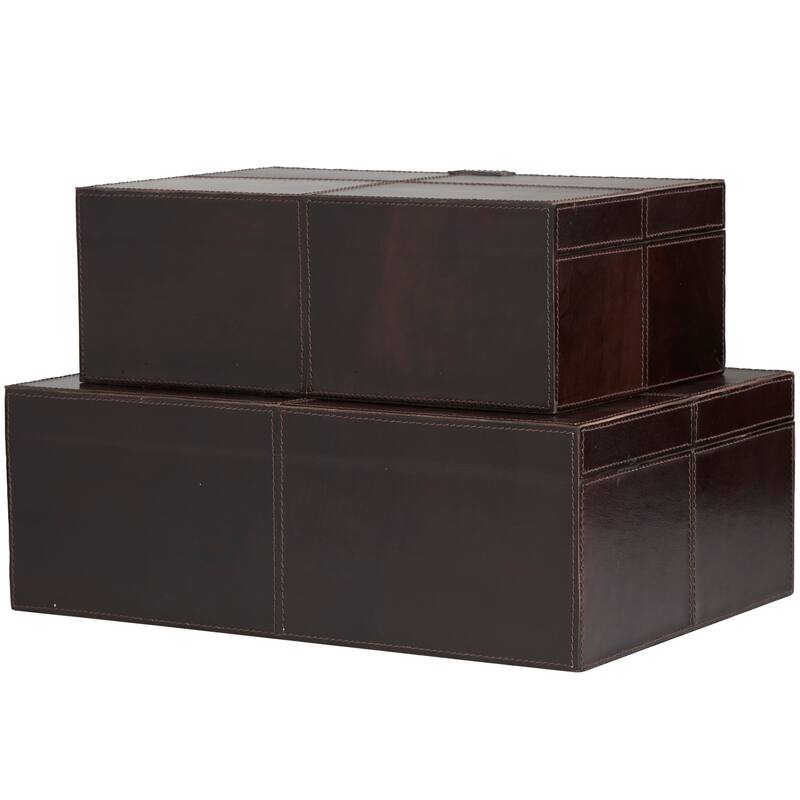Dark Brown Leather Storage Box with Snap Front Closure and Detailed Stitching (Set of 2)