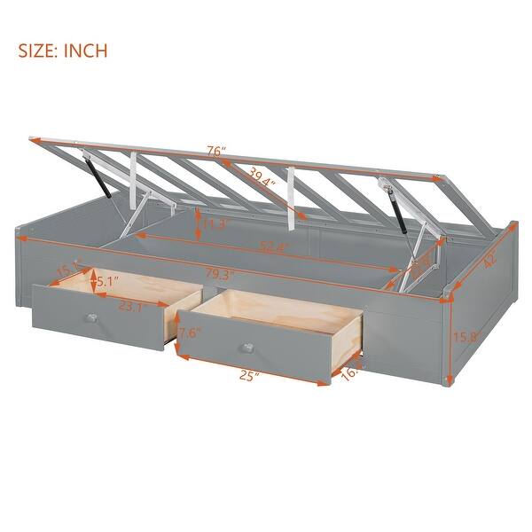 dimension image slide 2 of 4, Twin Bunk Bed with Hydraulic Lift Storage, Built-In Wardrobe and 6 Drawers for Home