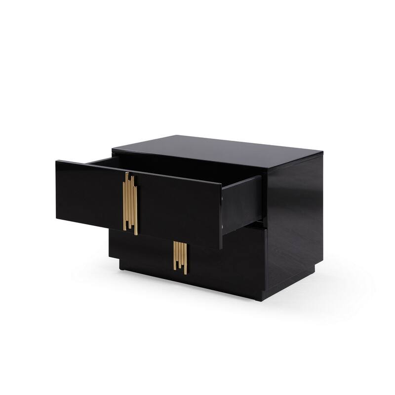 28 Inch Nightstand, Modern Vertical Gold Handles, 2 Drawers, Black Finish