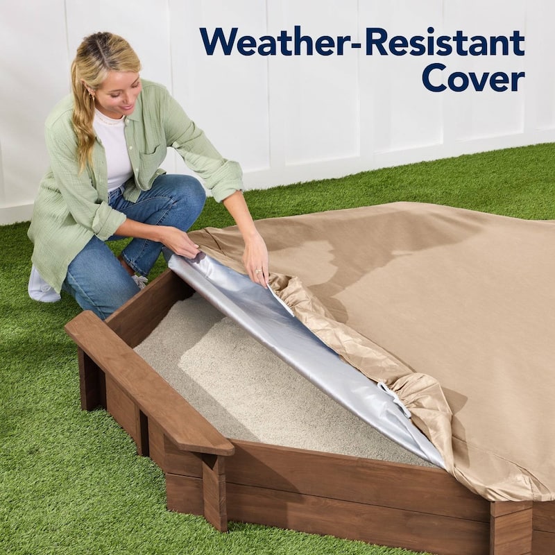 Outdoor Kids Sandbox with Bench Seats and Hemlock Wood Frame UV-Resistant Cover and Liner - 78”L x 78”W x 9”H