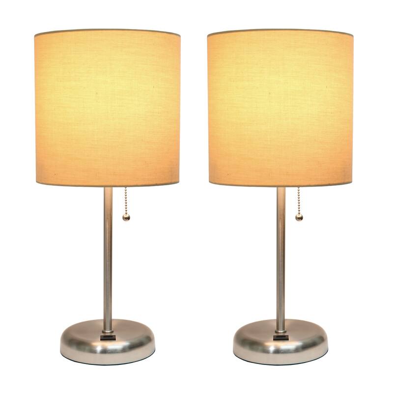 19.5 in. Brushed Steel Finish Table Lamp with Beige Shade, Durable Stick Lamp for End/Side Tables, Set of 2