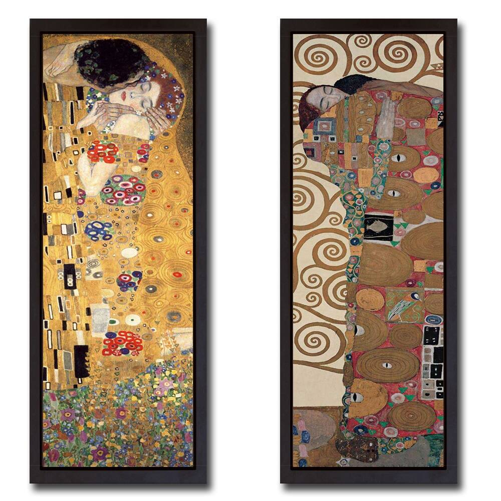 The Kiss & Fulfillment by Gustav Klimt 2-pc Black Floater Framed Canvas Art Set (26 in x 10 in Each Piece in Set)