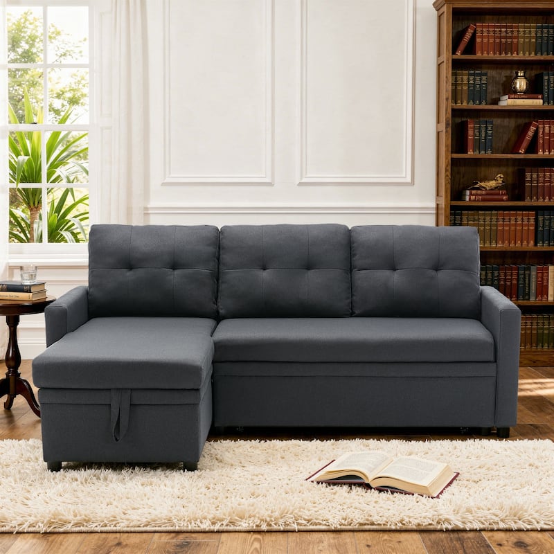 Modern Pull Out Sectional Sofa Bed Couch with Storage Chaise for Living Room - Linen/Gray