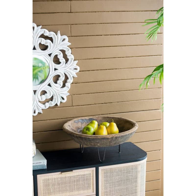 Hand-Carved Wooden Bowl with Metal Hairpin Legs - 20"