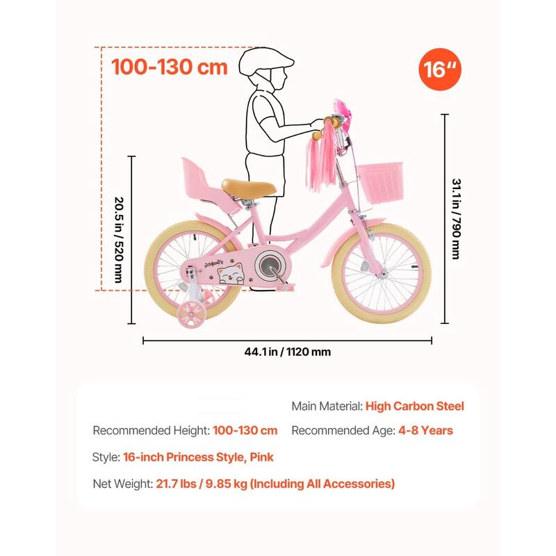 16 Inch Princess Bicycle for Girls with Adjustable Seat and Handlebars - 44.1 x 20.5 x 31.1 in