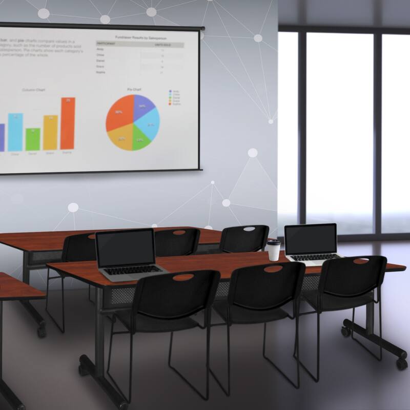 84" x 24" Flip Top Mobile Training Table with Modesty Panel- Cherry and 3 Stack Chairs- Black