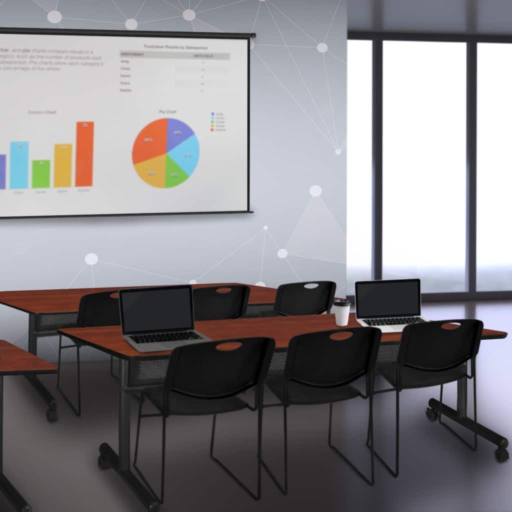 84" x 24" Flip Top Mobile Training Table with Modesty Panel- Cherry and 3 Stack Chairs- Black