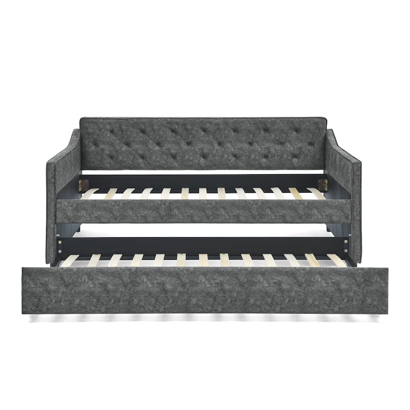 Twin Size Daybed with Twin Size Trundle Upholstered Tufted Sofa Bed,Waved Shape Arms(80.5"x44.5"x33.5")