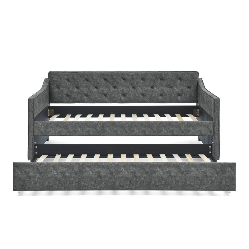 Twin Size Tufted Upholstered Daybed w/ Twin Size Trundle & Waved Shape Arms Sofa Bed, Beige