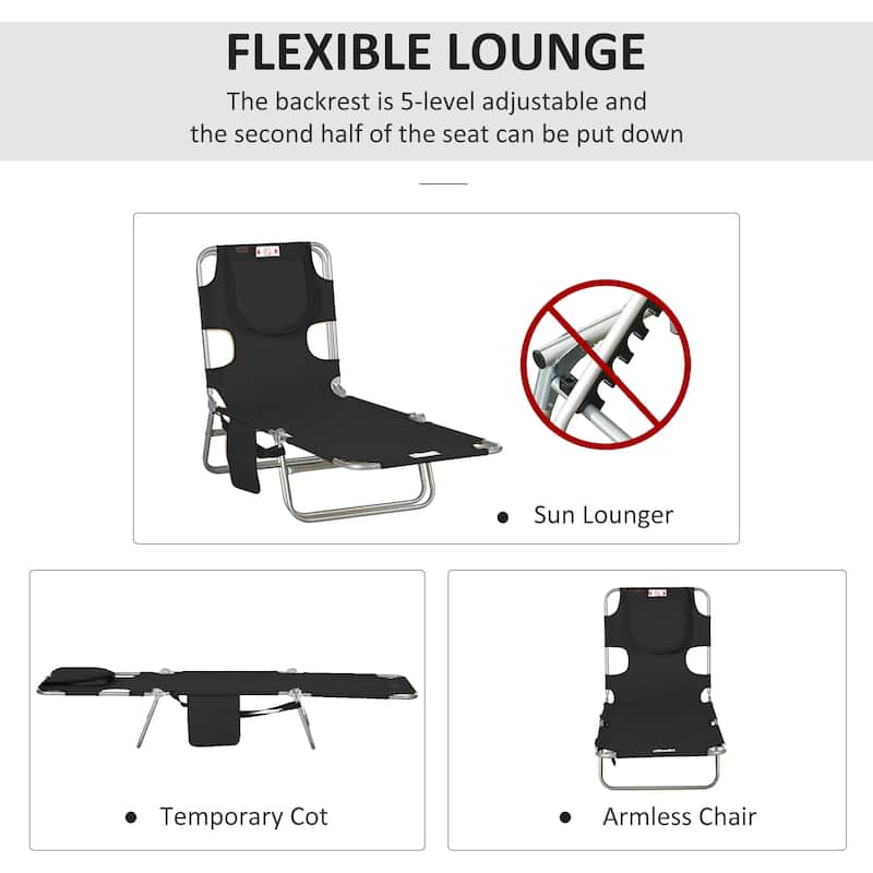 Outsunny Folding Beach Lounge Chair with Face Hole and Arm Slots, 5-level Adjustable Sun Lounger Tanning Chair with Pillow