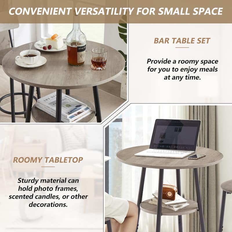 3-Piece Bar Table Set, 2-Tier Bistro Pub Table & PU Upholstered Stool - 1Table&2Stools - Grey