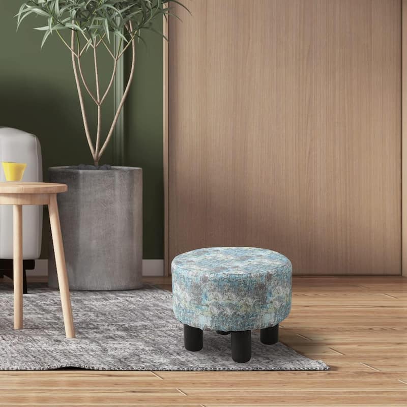 Modern Small Round Linen Ottoman Footstool with Wooden Legs for Bedroom or Living Room