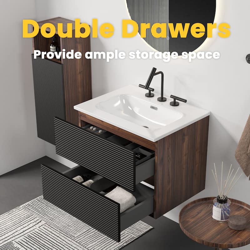 24" Wall-Mounted Bathroom Vanity with Integrated Ceramic Sink & Overflow, Large Storage Floating Vanity