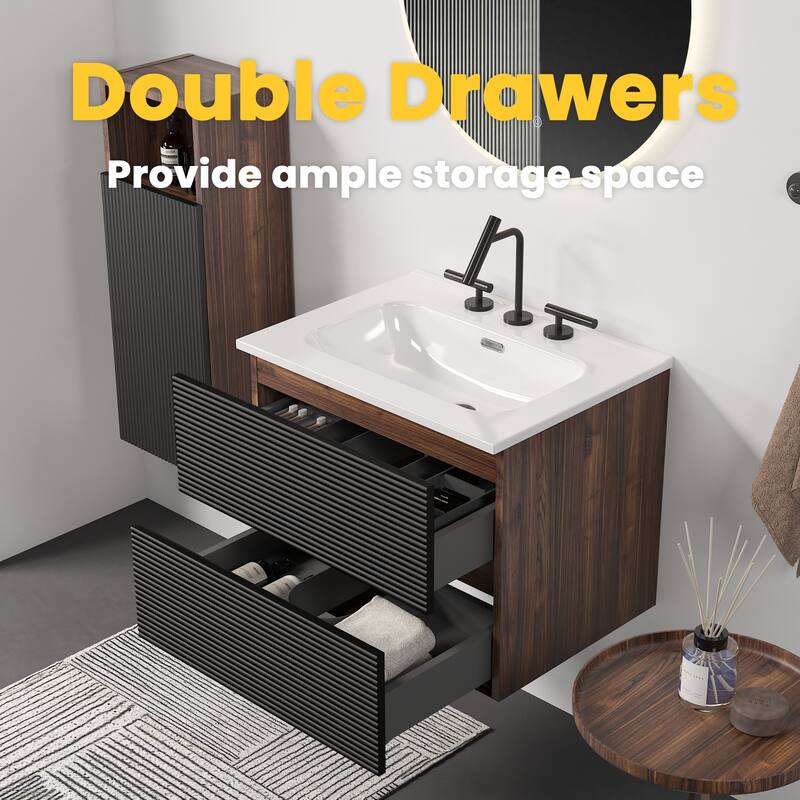 24" Wall Mounted Soft Black & Walnut Bathroom Vanity with Integrated Ceramic Sink with Overflow, with 3 holes