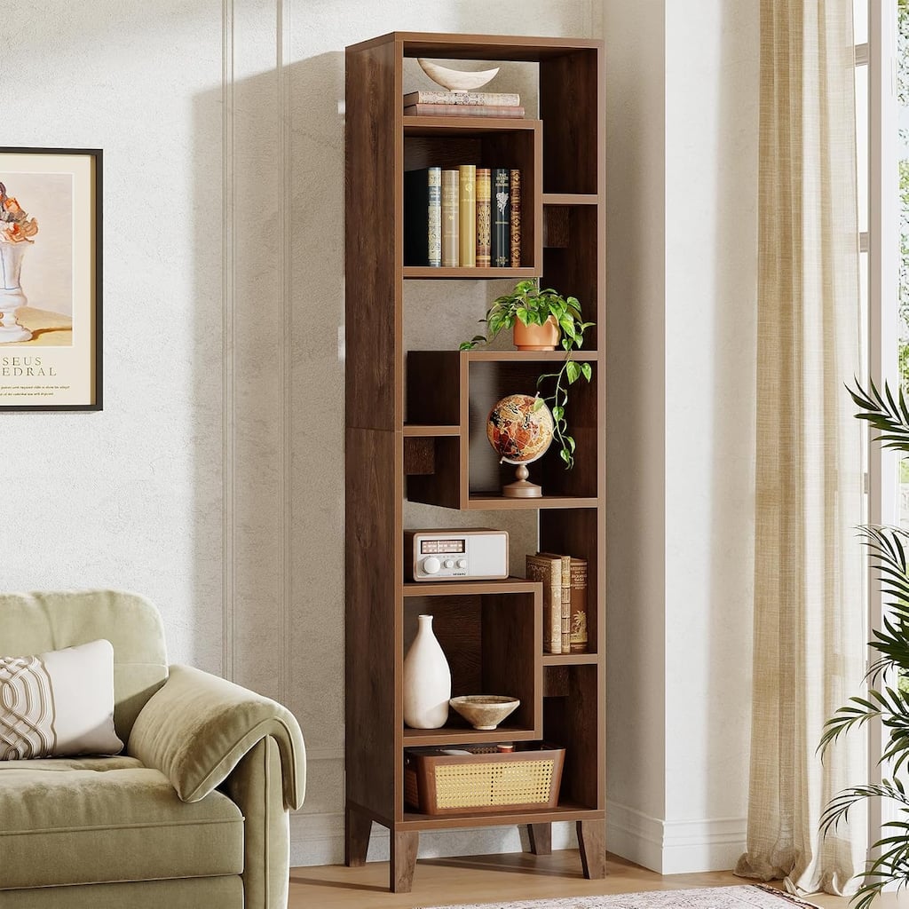 71" Tall Narrow Bookshelf, 8-Tier Staggered Skinny Bookcase
