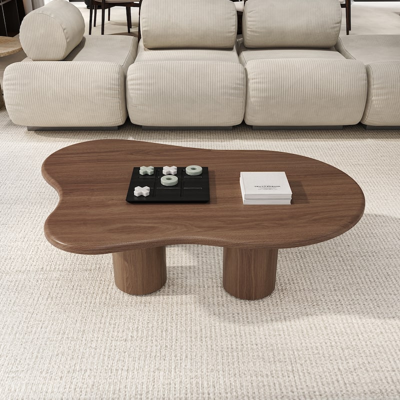 47.24" Mid Century Coffee Table, Solid Wood Texture with Could Shaped, Brown