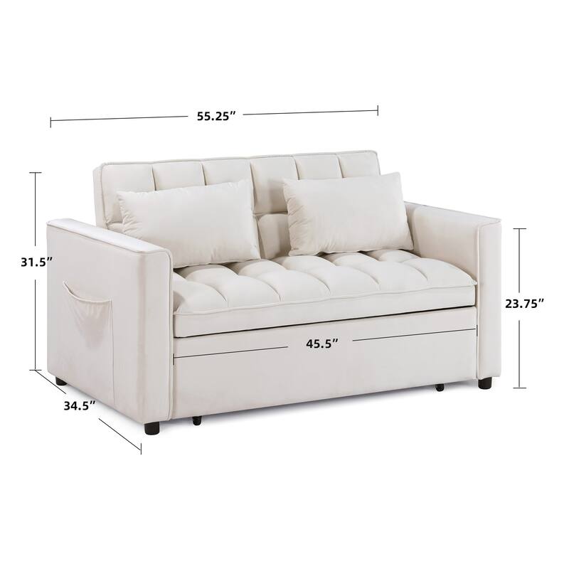 Modern 68" L 3-in-1 Multi-Functional Beige Sleeper Sofa with Iron Frame Pull-Out Loveseat
