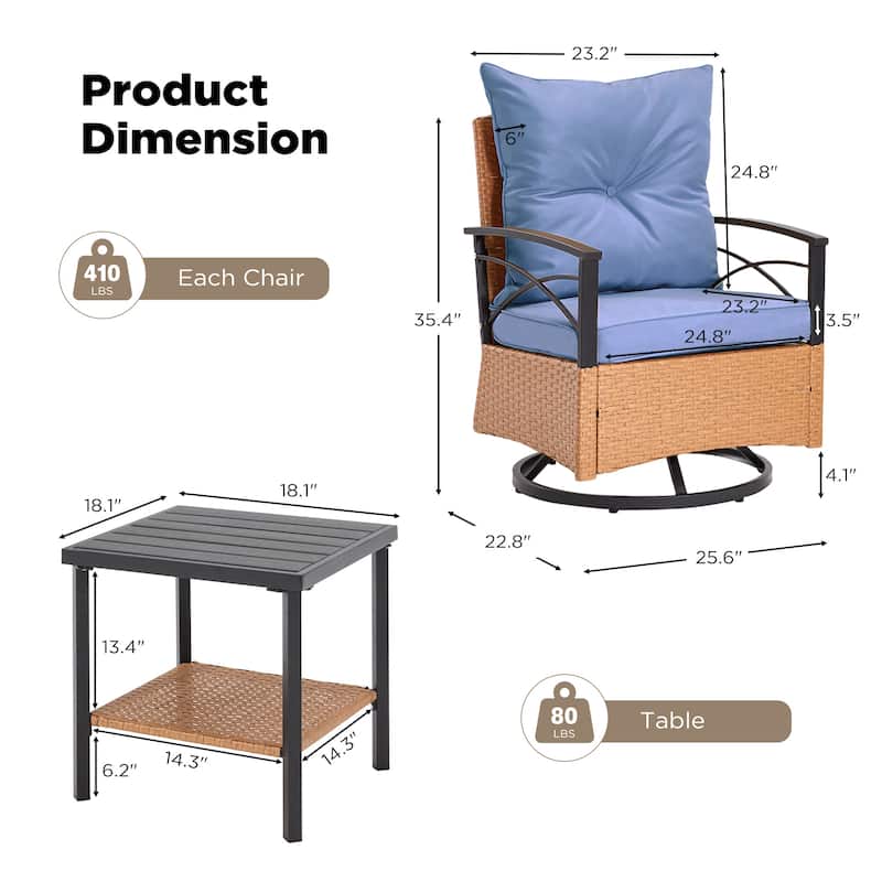 3-Piece Outdoor Rocking/Swivel Chair Set - PE Rattan Patio Furniture with Cushions & Coffee Table, Rocker Chairs for Backyard