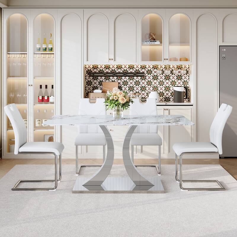 5-Piece Dining Table Set with 4 Upholstered Chairs, Kitchen Table Set with Tempered Glass Rock Top for Dining Room