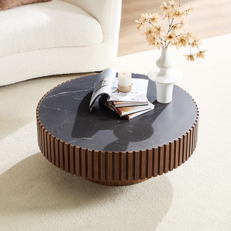 Luxury Round Coffee Table with Faux Marble Top, 35.43" Modern Low Drum Shape Cocktail Table for Living Room, Reception Room