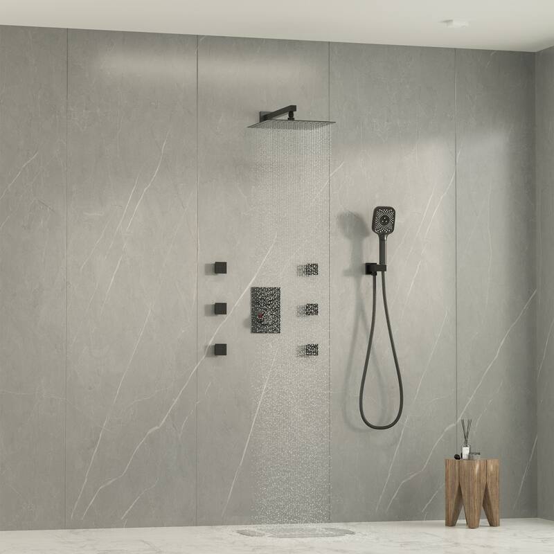 Wall Mount 12 Inch Rainfall Shower Head 3 Function Thermostatic Shower System with 6 Body Jets
