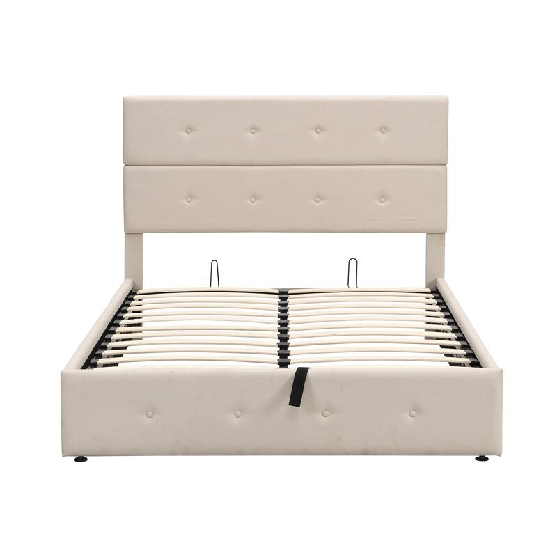 Full Size Upholstered Platform Bed with Storage Underneath, Metal Bed Frame with Tufted