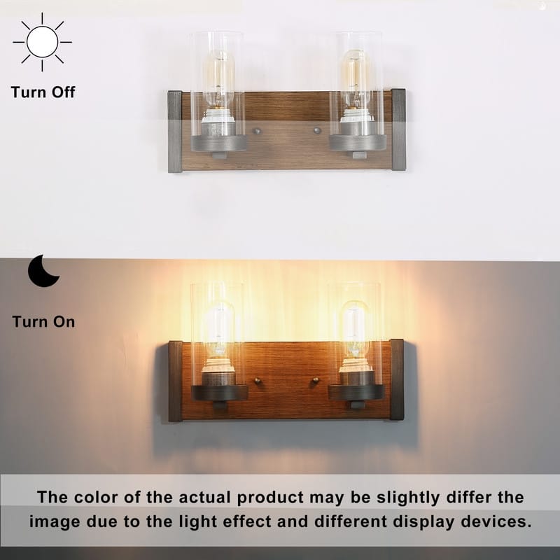 Farmhouse Rustic 2-light Pinewood Glass Bathroom Vanity Light Sconce - L 14"x W 5"x H 8.5"