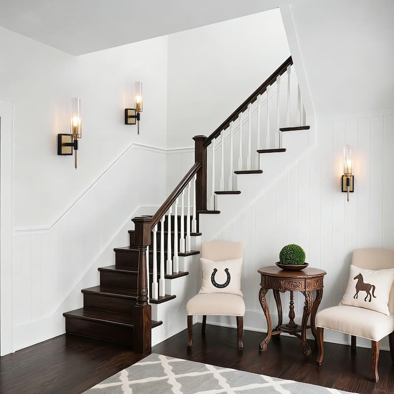 Black and Gold Wall Sconce with Clear Glass Shade E12 Base