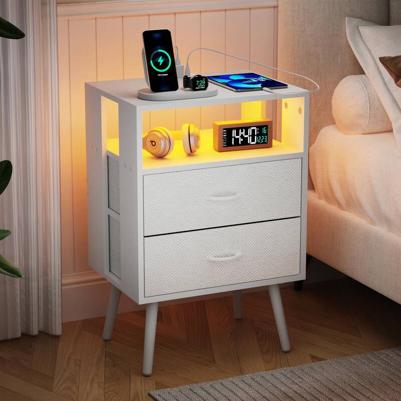2-Pack LED Nightstands with Charging Station & Fabric Drawers