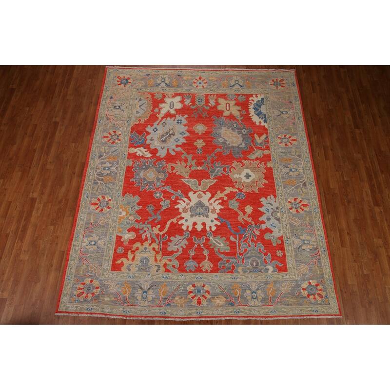 Red Floral Oushak Vegetable Dye Area Rug Handmade Wool Carpet - 8'2"x 9'11"