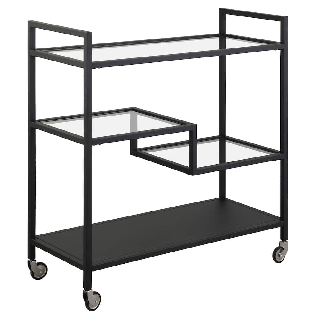 Modern Rectangular Black Bar Cart with 3 Shelves and Wheels Glass and Metal Storage for Home or Office - 33" x 14" x 36"