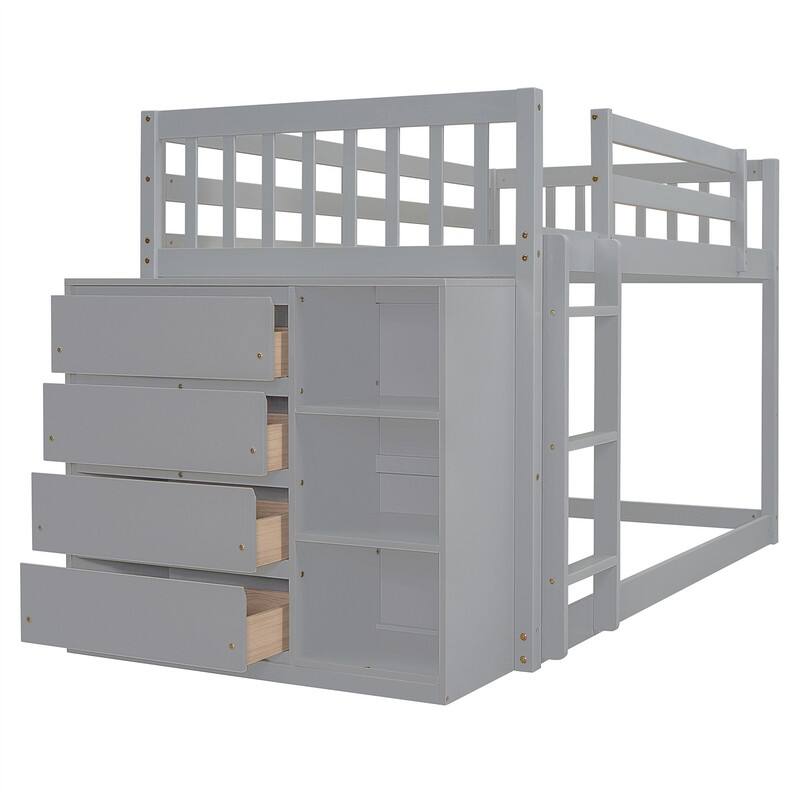 Twin Over Twin/Full Over Full Floor Bunk Bed with Drawers and 3 Storage Shelves, Solid Wood Low Bunk Bed Frame with Ladder