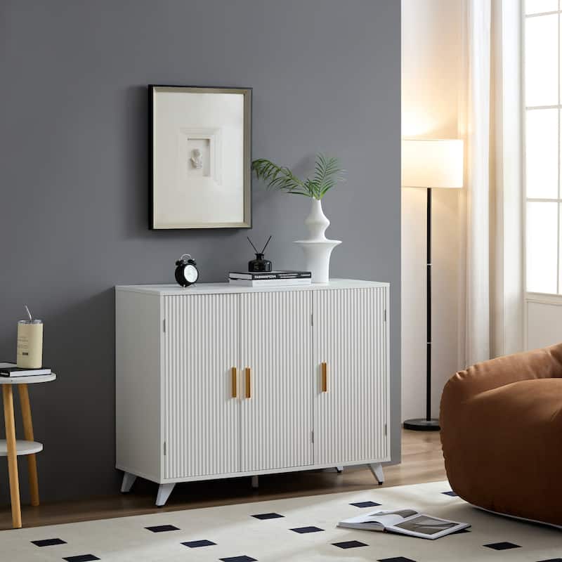 Sideboard with wavy texture buffet cabinet,white accent cabinet with door, modern bookcase for kitchen living room, entrance way - White