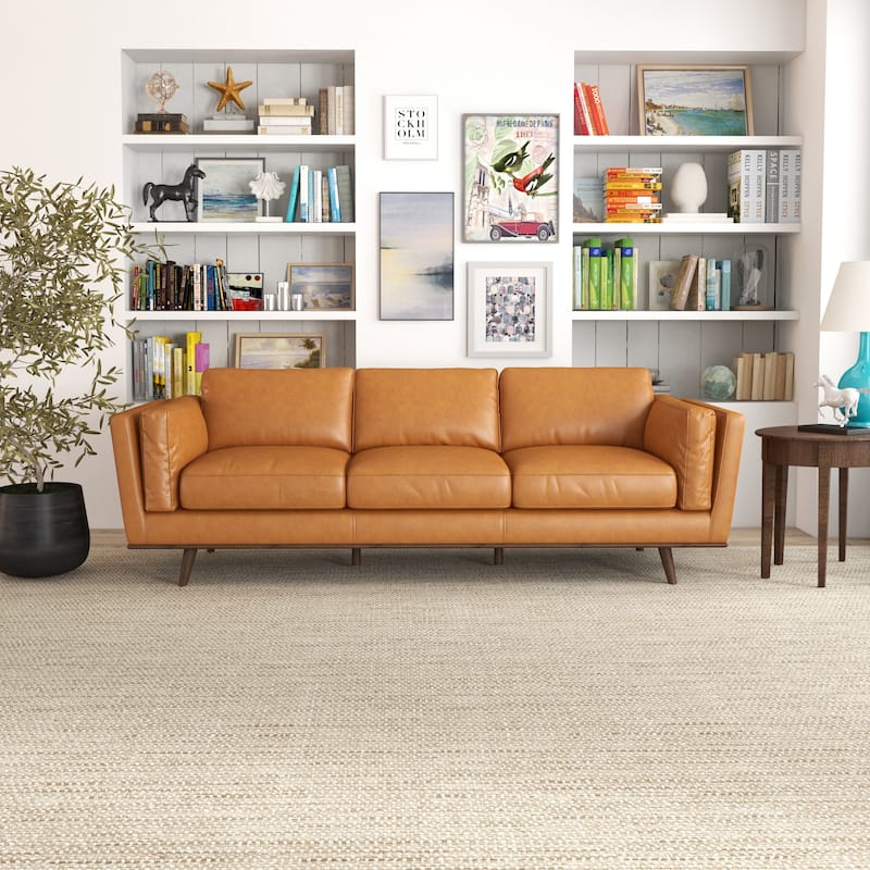 Florencia Mid Century Modern Furniture Style Living Room Leather Sofa in Tan - Tan
