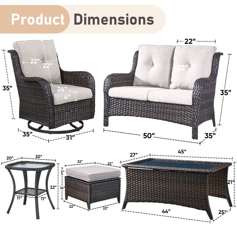 Pocassy Outdoor Sofa Swivel Chairs Table Ottoman 4 Inch Set