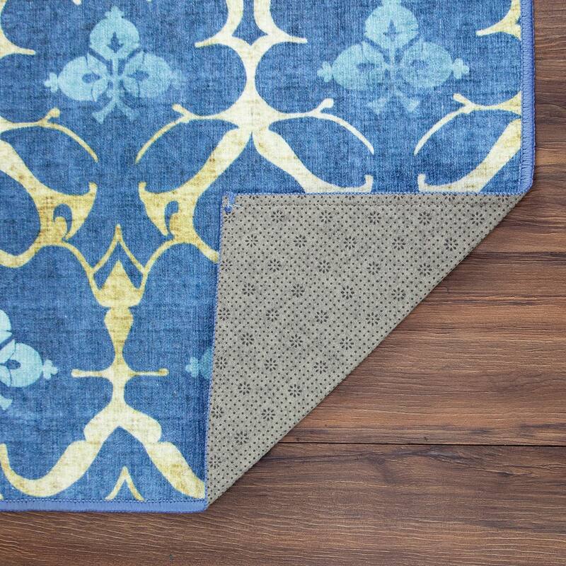 My Magic Carpet Machine Washable Area Rug Leilani Damask Blue