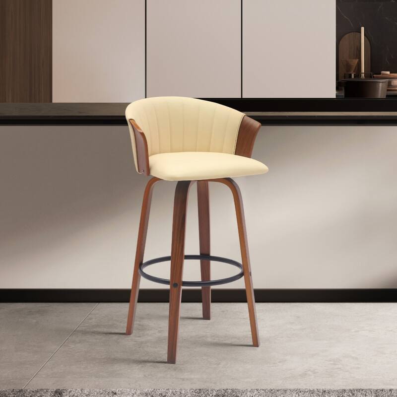 Faux Leather Swivel Counter Height Stool with Solid Wood Frame, Arms and Footrest