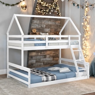 House Bed Design Twin over Full House Bunk Bed with Built-in Ladder,Full-length Guardrail