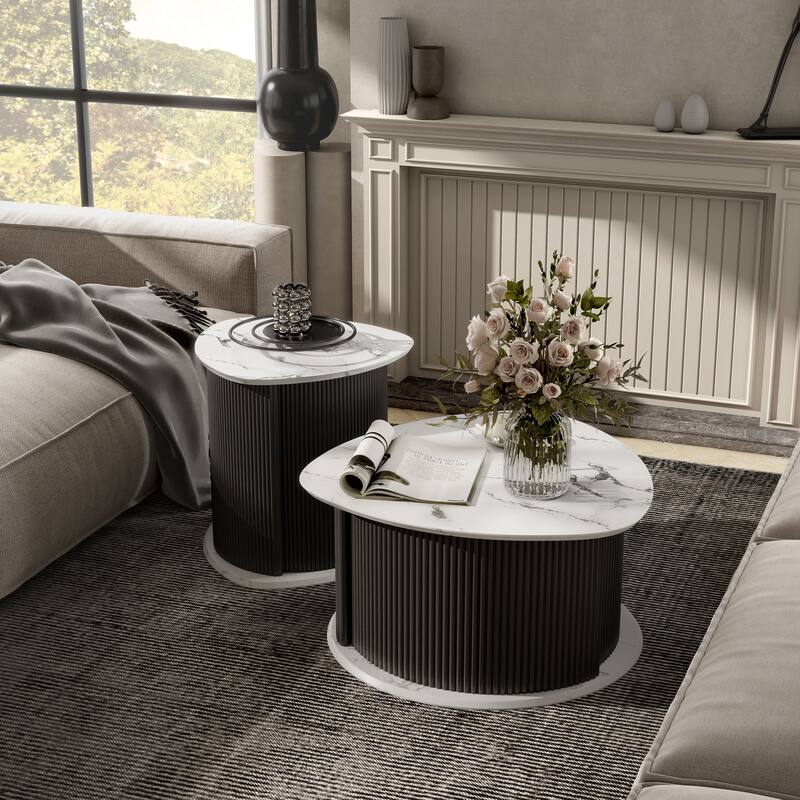 Furniture of America Astra Modern 2-Piece Black Triangle Storage Coffee Table Set - White Marble with Black Pedestal