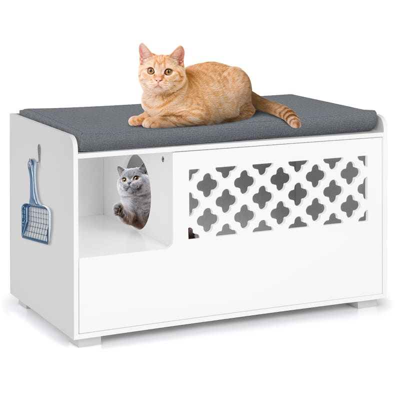 Cat Litter Box Enclosure with Removable Cushion and Front Open Door-White - 35.5" x 19" x 20.5" (L x W x H)